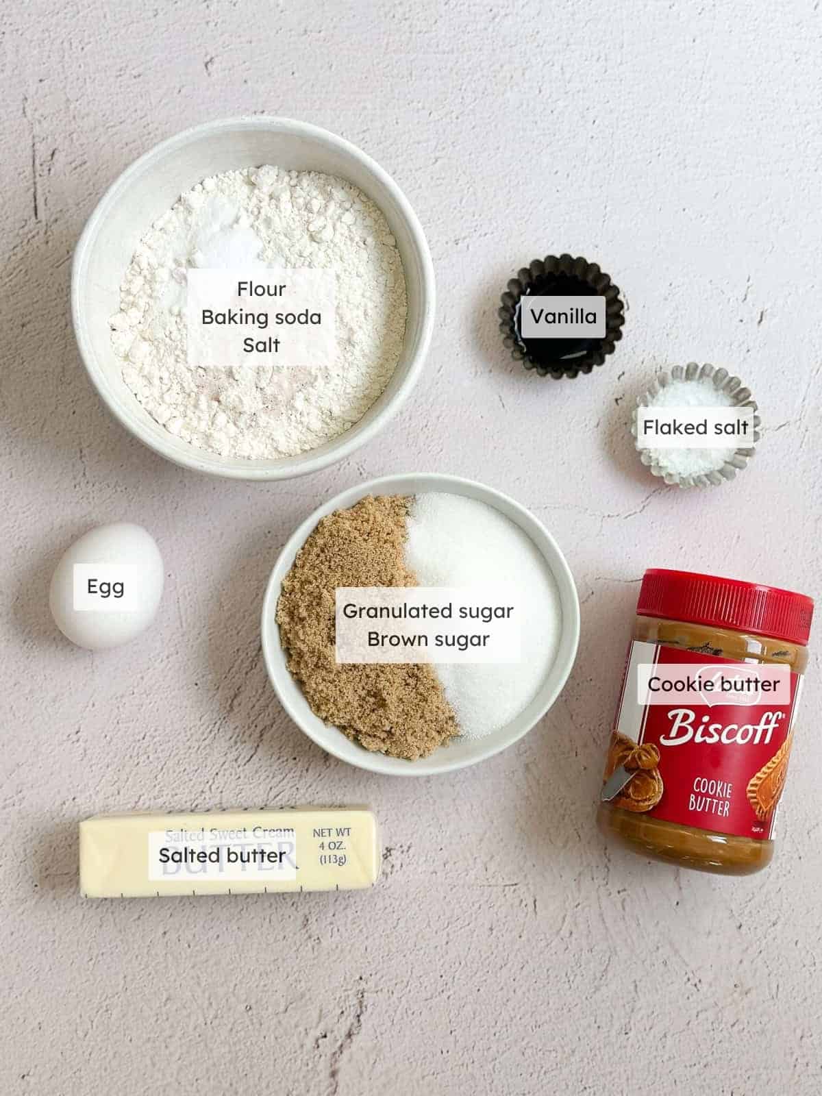 All of the ingredients needed to make cookie butter cookies.