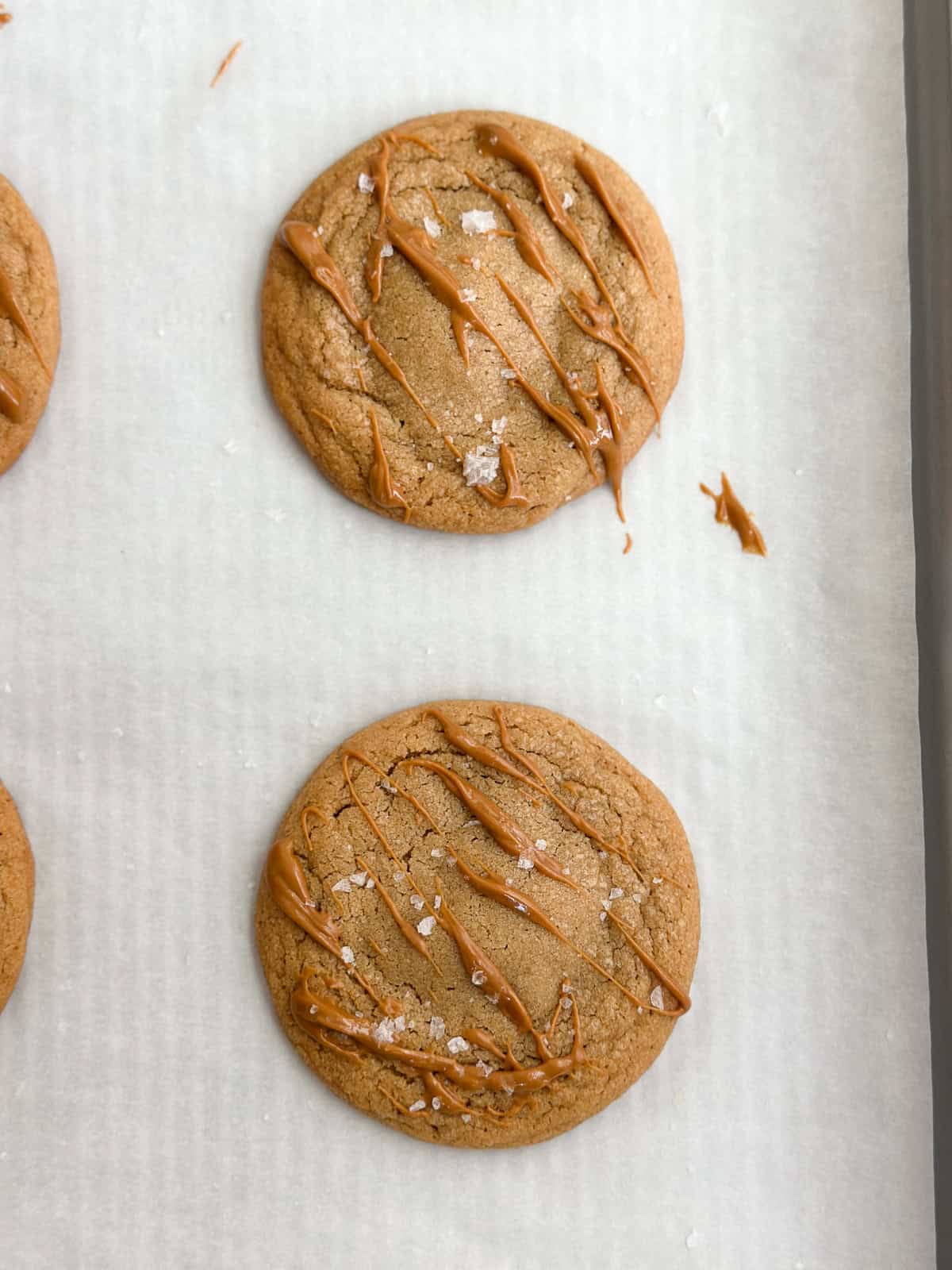 cookies after baking baked and drizzling with extra cookie butter and salt.