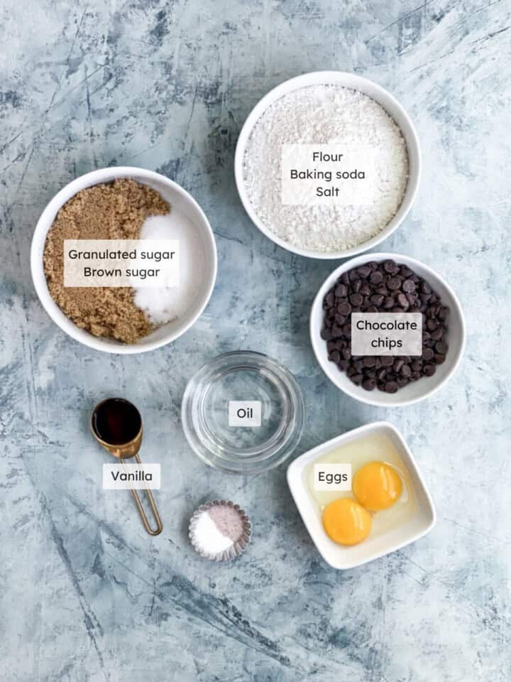 All the ingredients needed to make chocolate chip cookies without butter.
