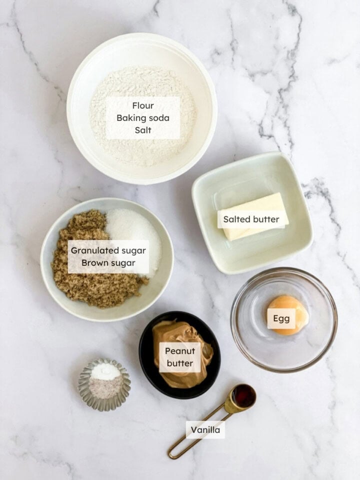 All the ingredients needed to make small batch peanut butter cookies.
