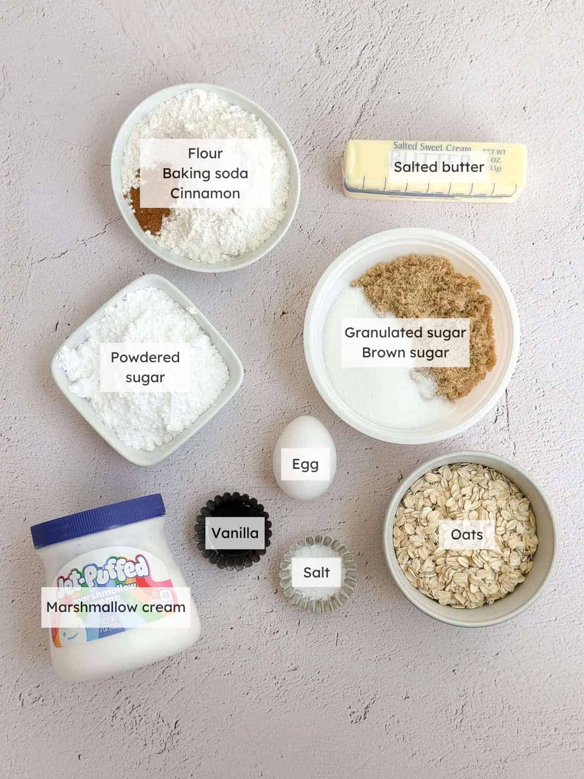 All of the ingredients needed to make oatmeal cream pie cookies.