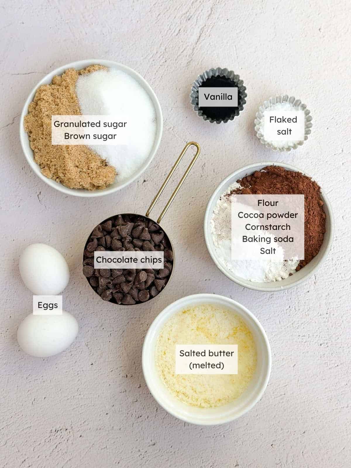 All of the ingredients needed to make Double chocolate cookie bars.