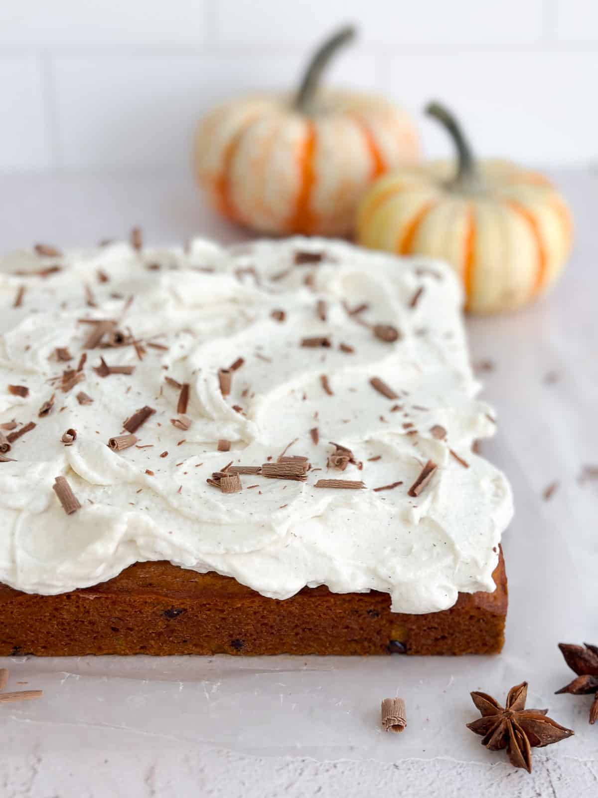 a side view of the whole pumpkin chocolate chip cake to see the frosting on top.
