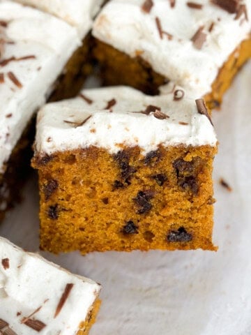 one piece of pumpkin chocolate chip cake turned on it's side to see the inside texture.