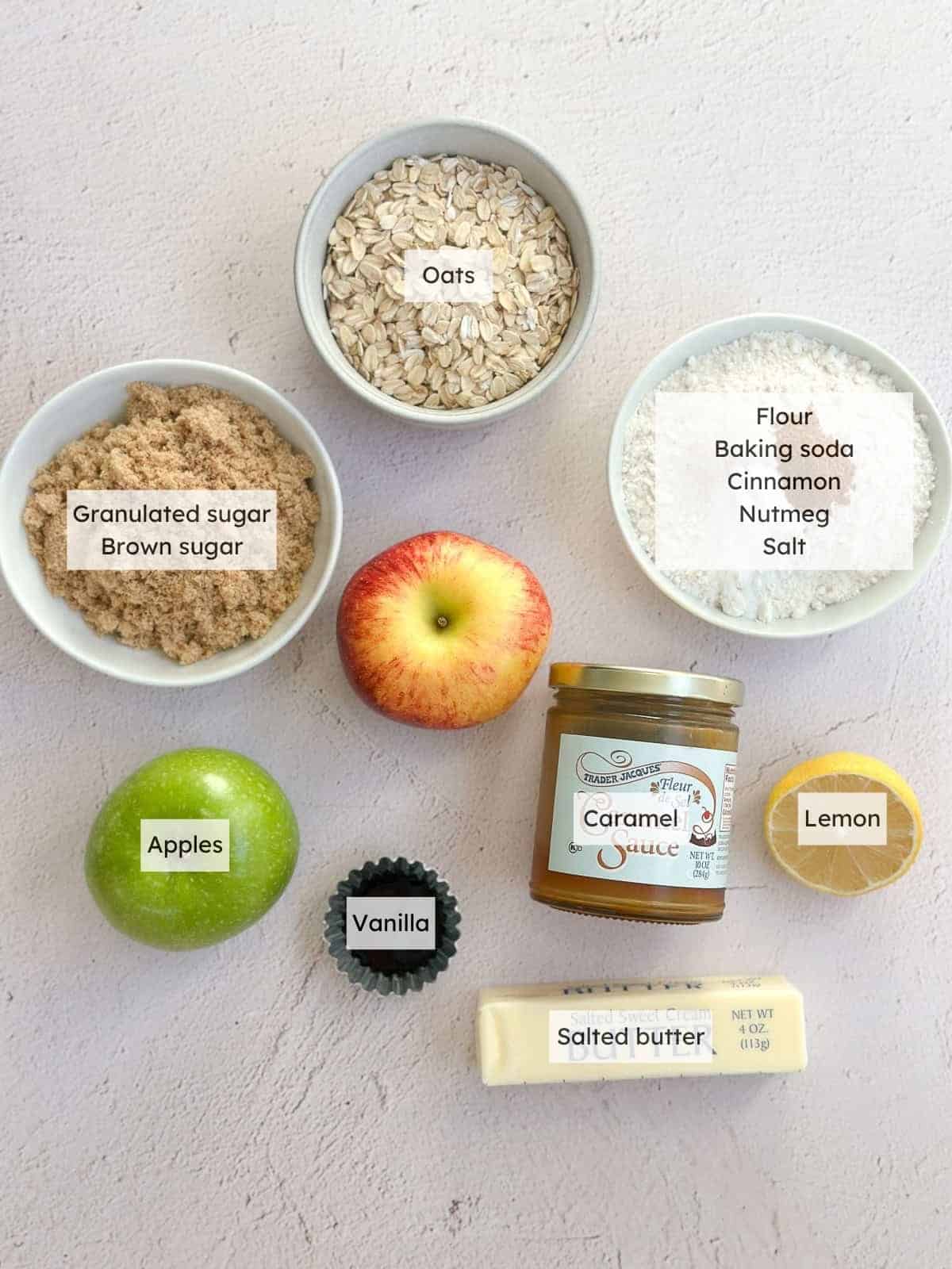All of the ingredients needed to make Salted Caramel Apple bars.