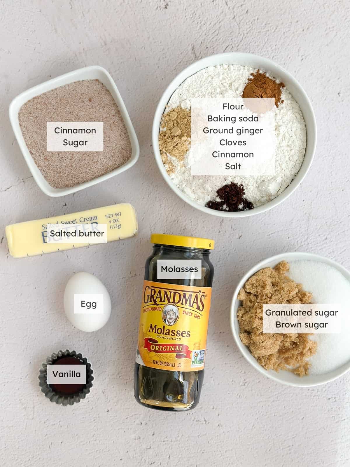 All of the ingredients needed to make gingerbread snickerdoodles.