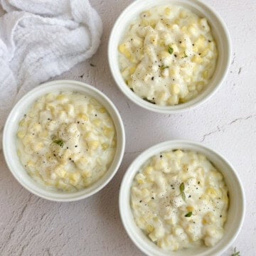 3 bowls filled with this easy creamed corn.