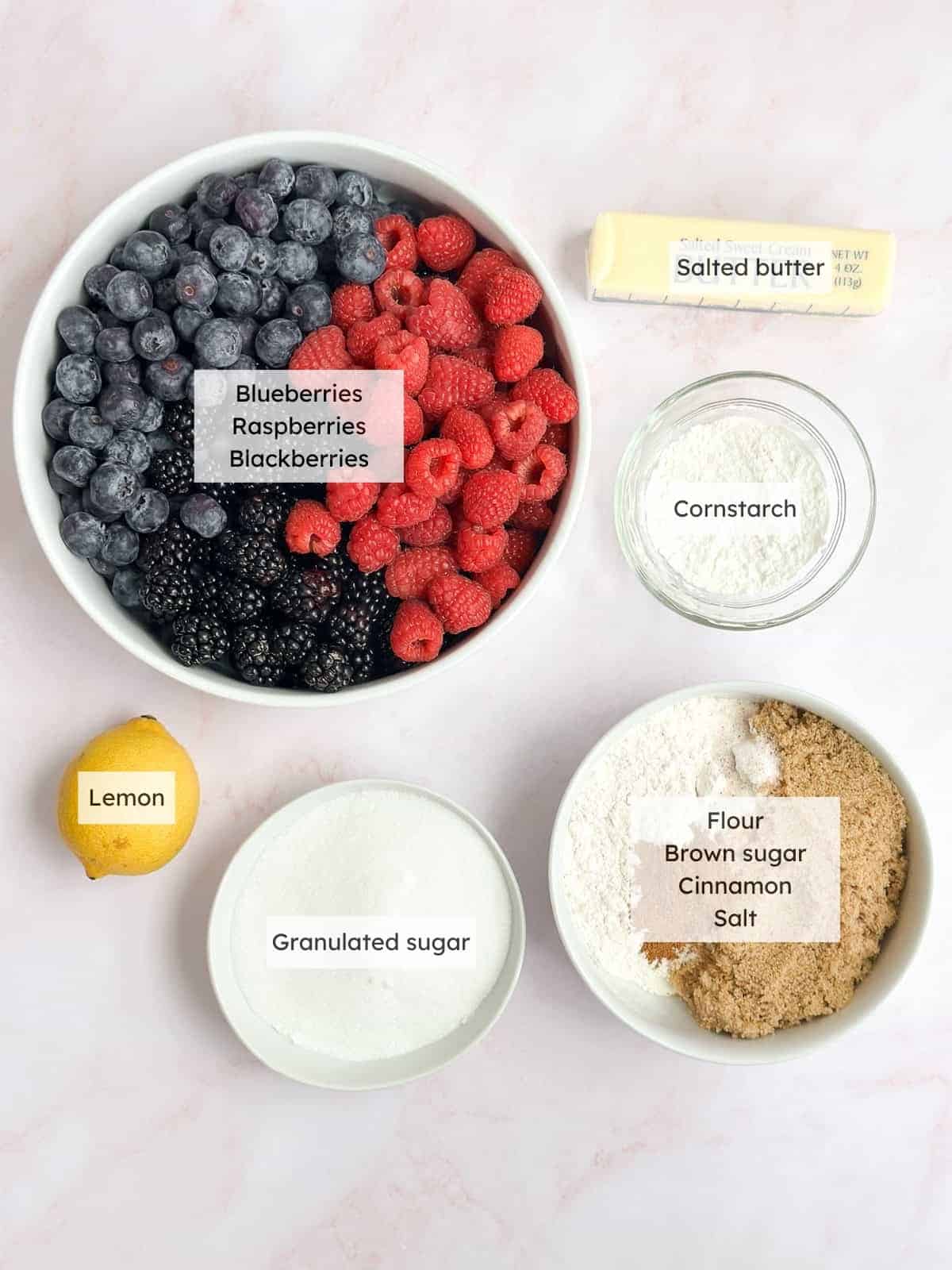 All of the ingredients needed for my mixed berry crumble pie.