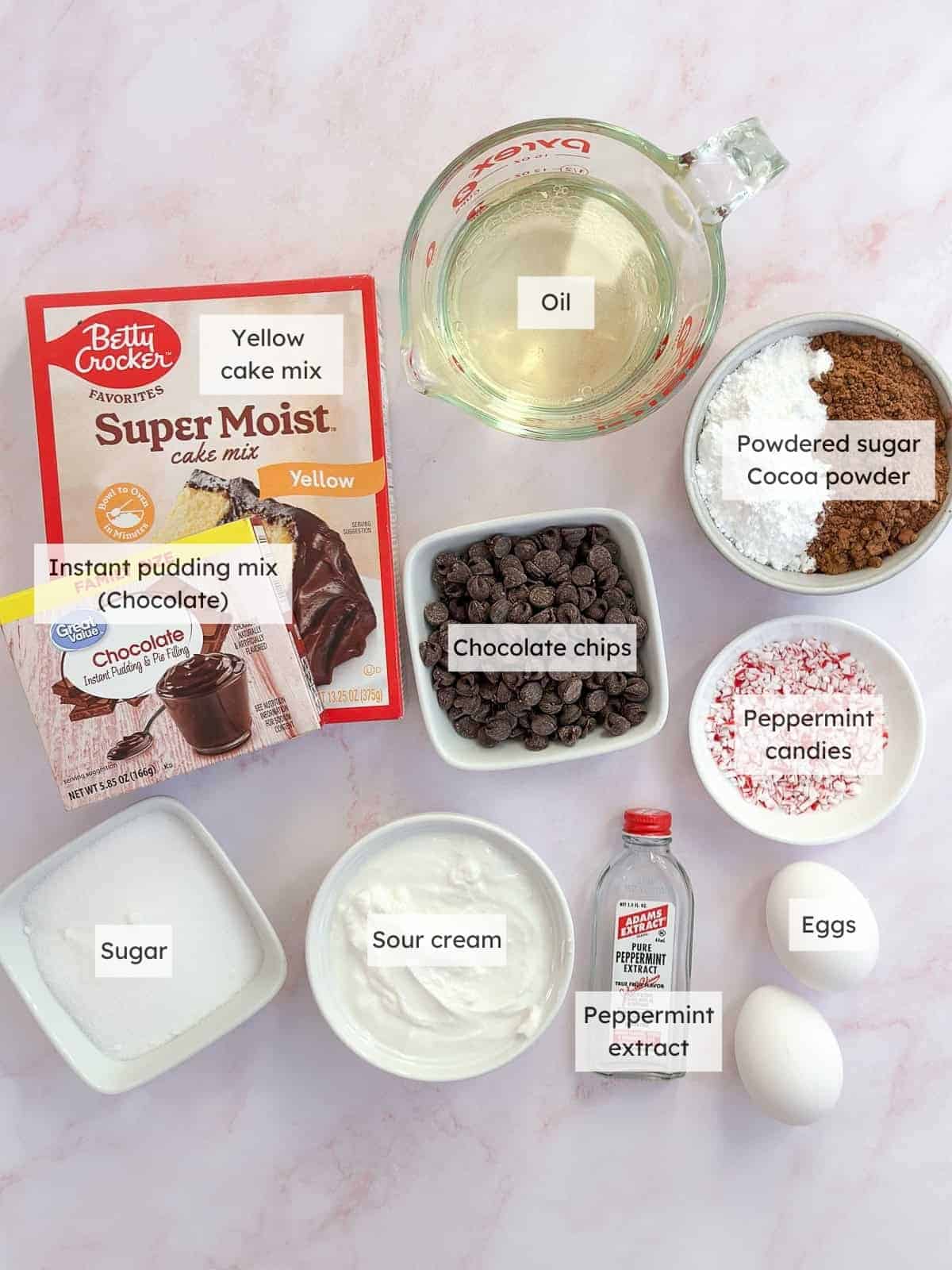 All of the ingredients needed to make peppermint bundt cake.