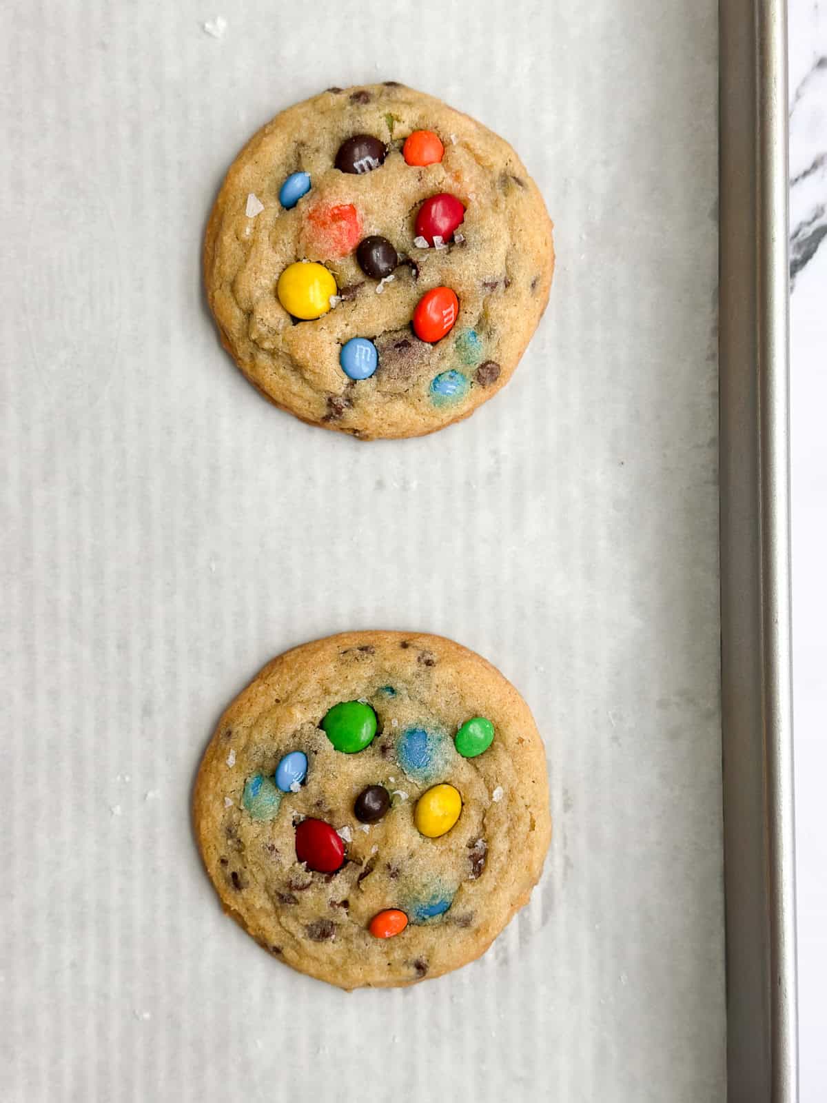 mini m&m chocolate chip cookies right after baking.