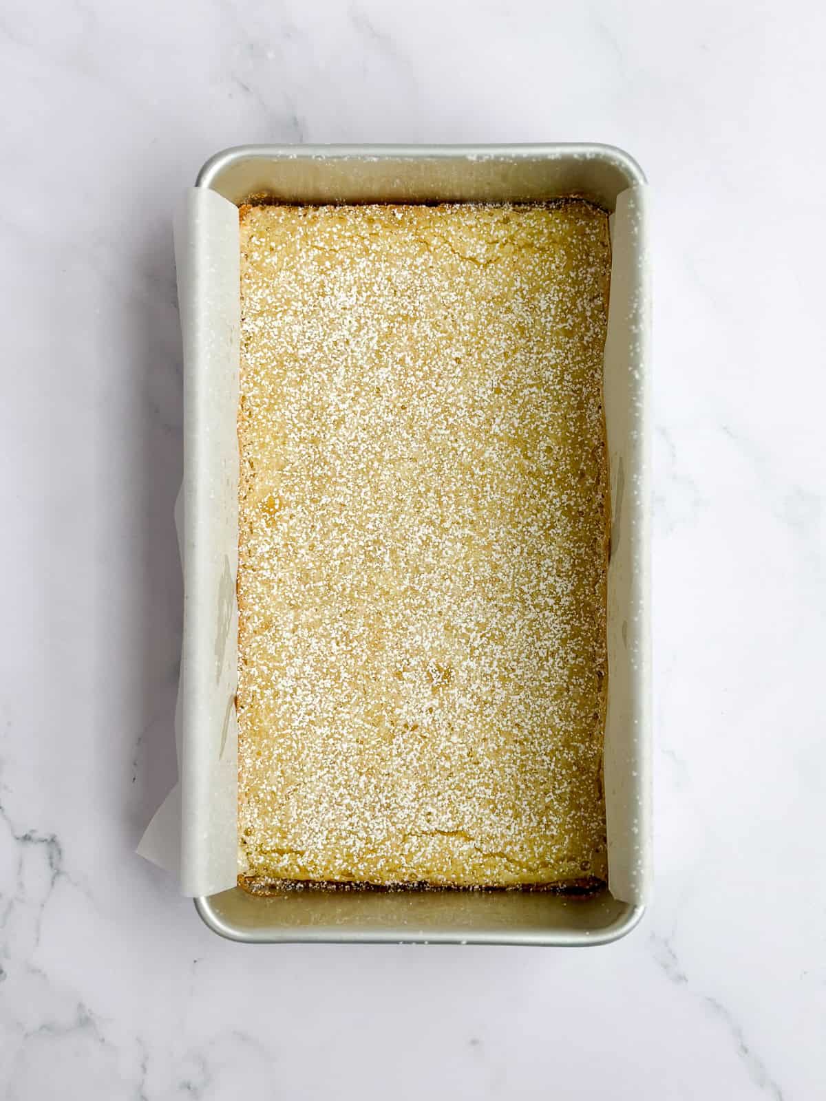 the small batch lemon bars after topping with powdered sugar.