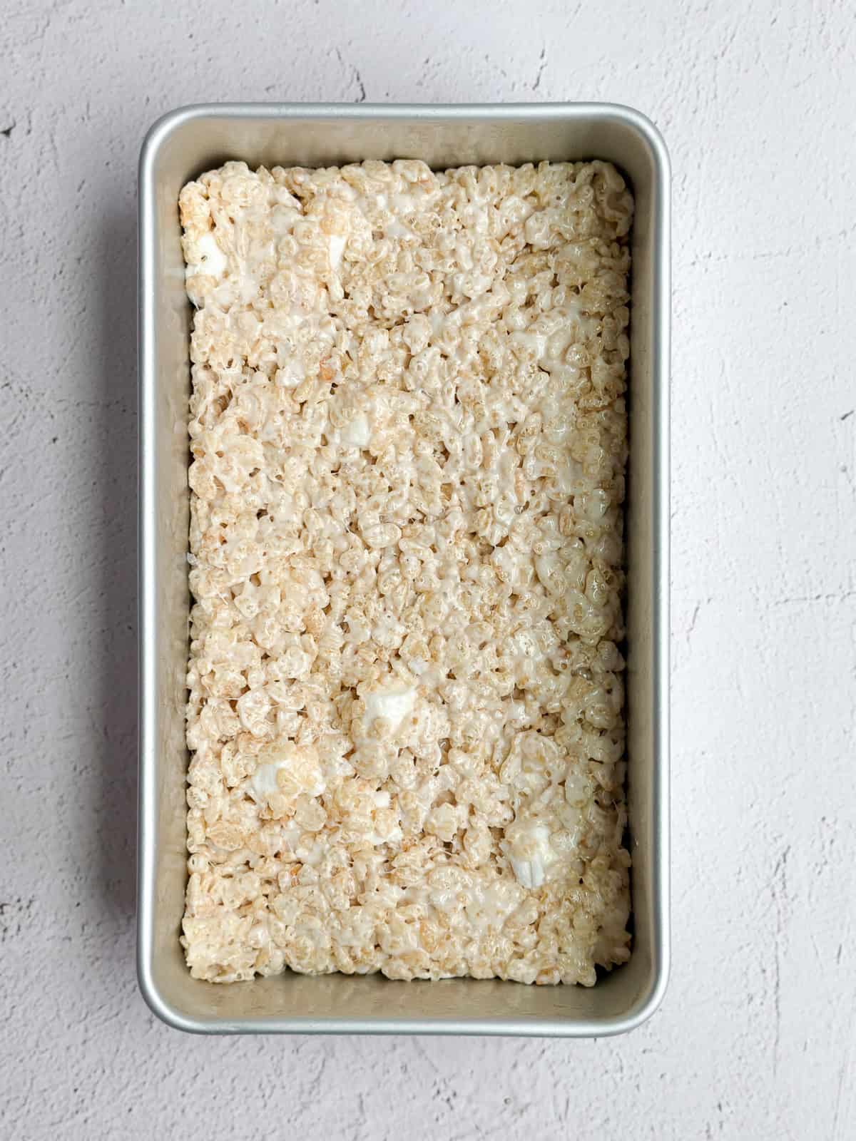 the small batch rice krispie treats in the loaf pan.