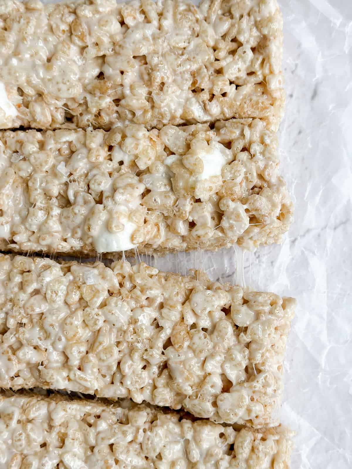 a closeup of the small batch rice krispie treats after being cut into squares.