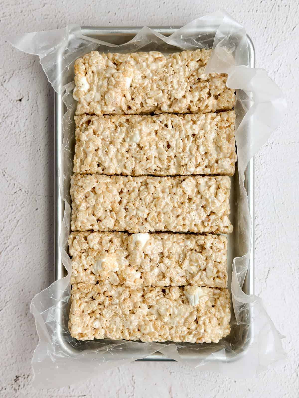 small batch rice krispie treats in the loaf pan.