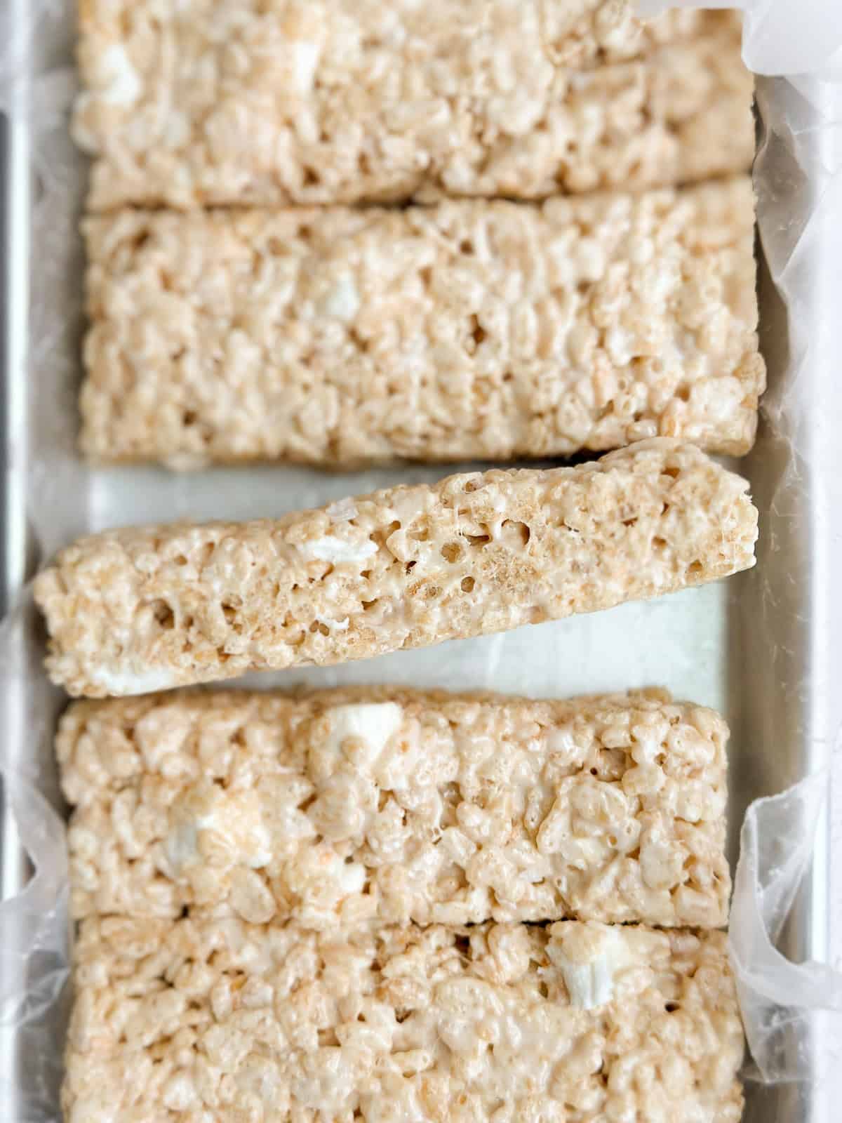 one small batch rice krispie treat turned up to see inside.