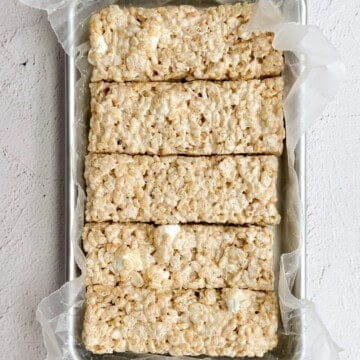 small batch rice krispie treats in the loaf pan.