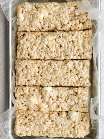 small batch rice krispie treats in the loaf pan.