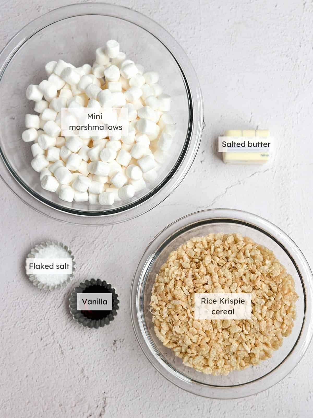 All of the ingredients needed to make small batch Rice Krispie treats.