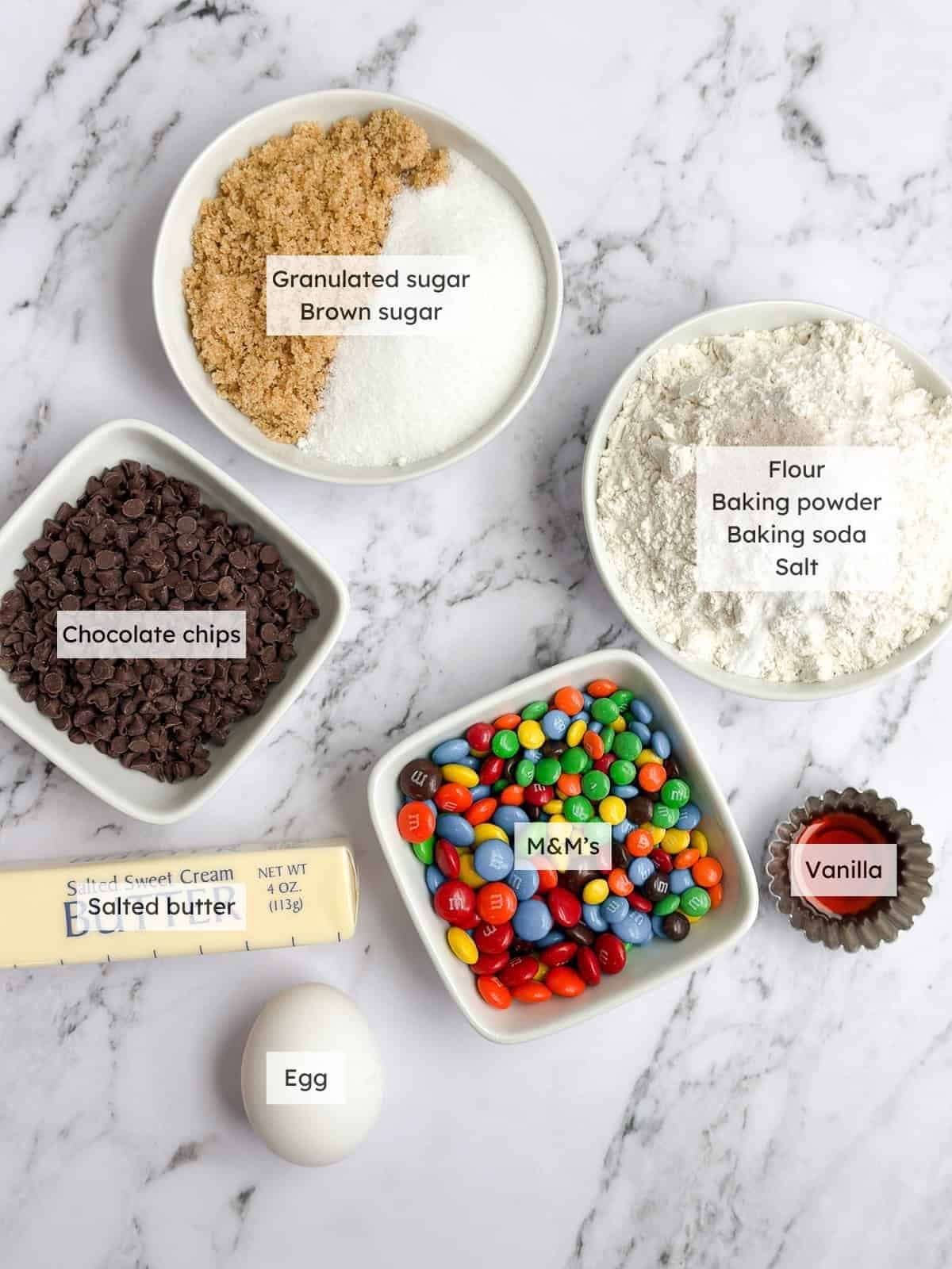 All of the ingredients needed to make my chocolate chip m&m cookies.