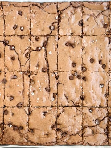 close up of sheet pan brownies cut in the pan.