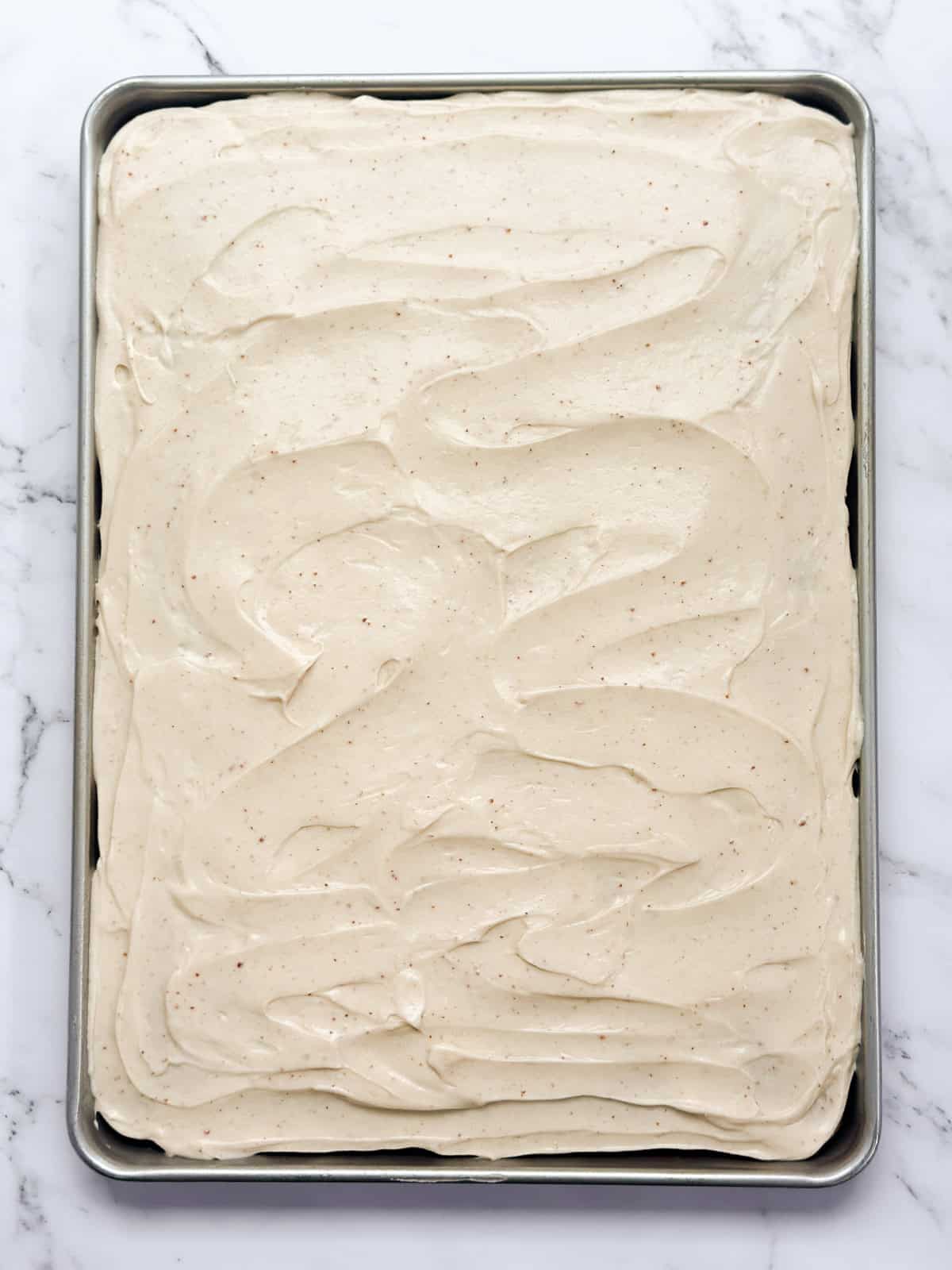 the brown butter banana sheet cake ready to serve.