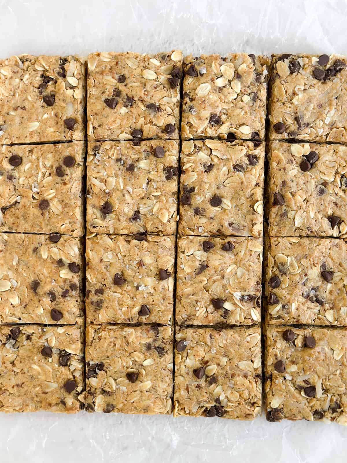 homemade peanut butter protein bars cut into squares.