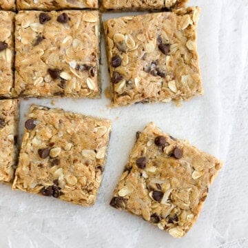 homemade peanut butter protein bars cut into squares.