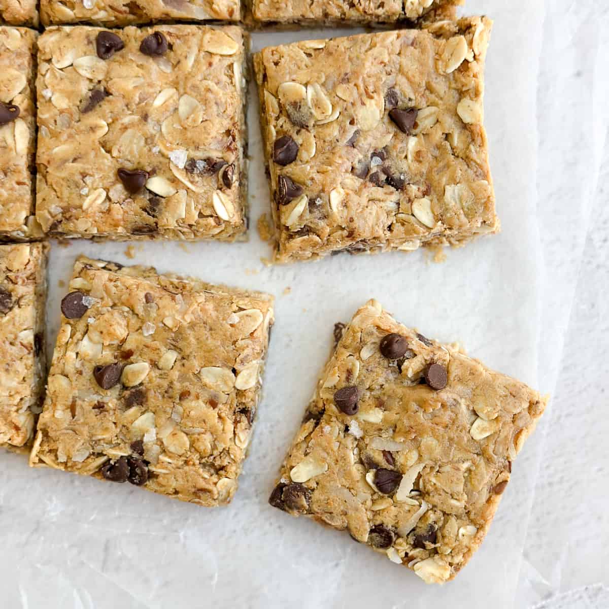 homemade peanut butter protein bars cut into squares.