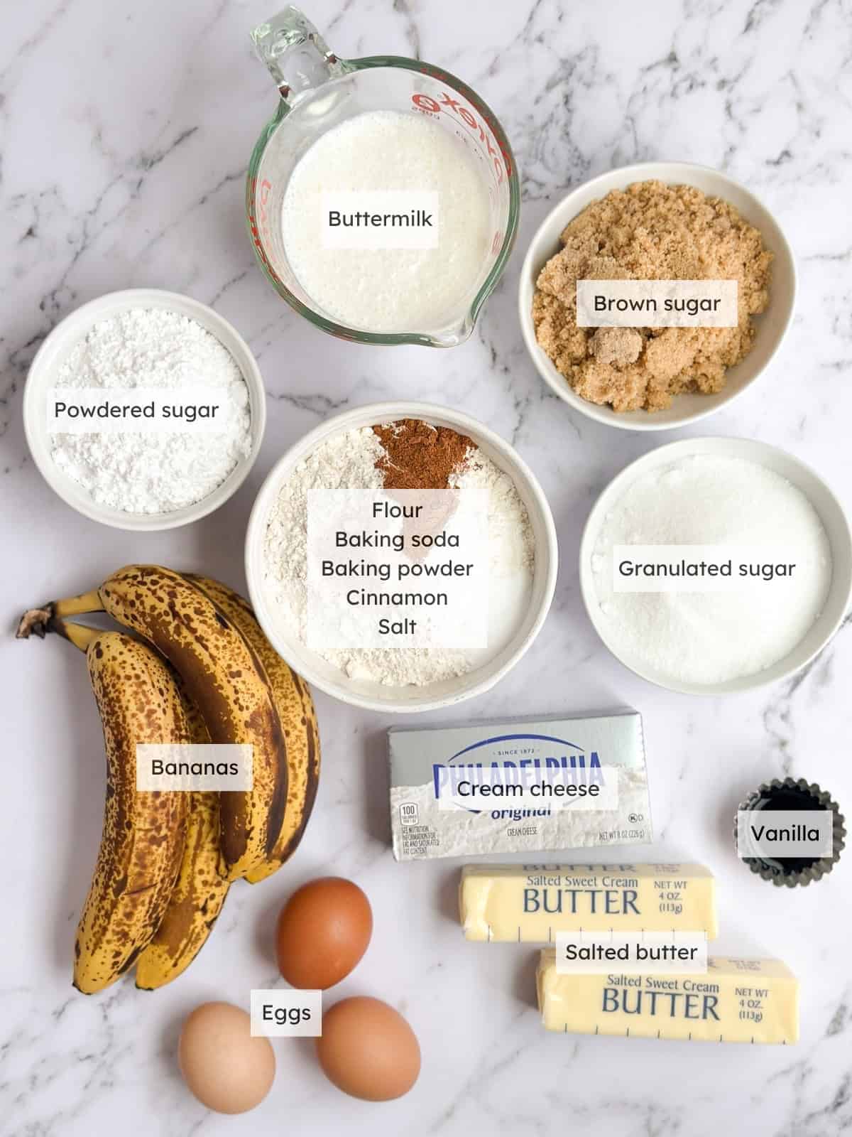 All of the ingredients needed to make browned butter banana sheet cake.