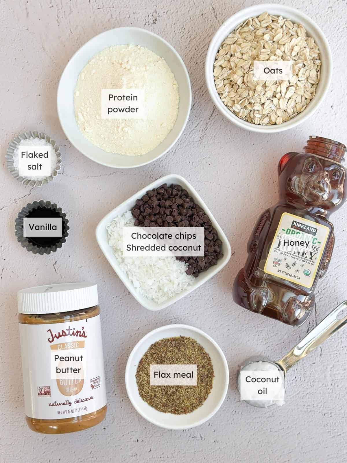 All of the ingredients needed to make peanut butter protein bars.