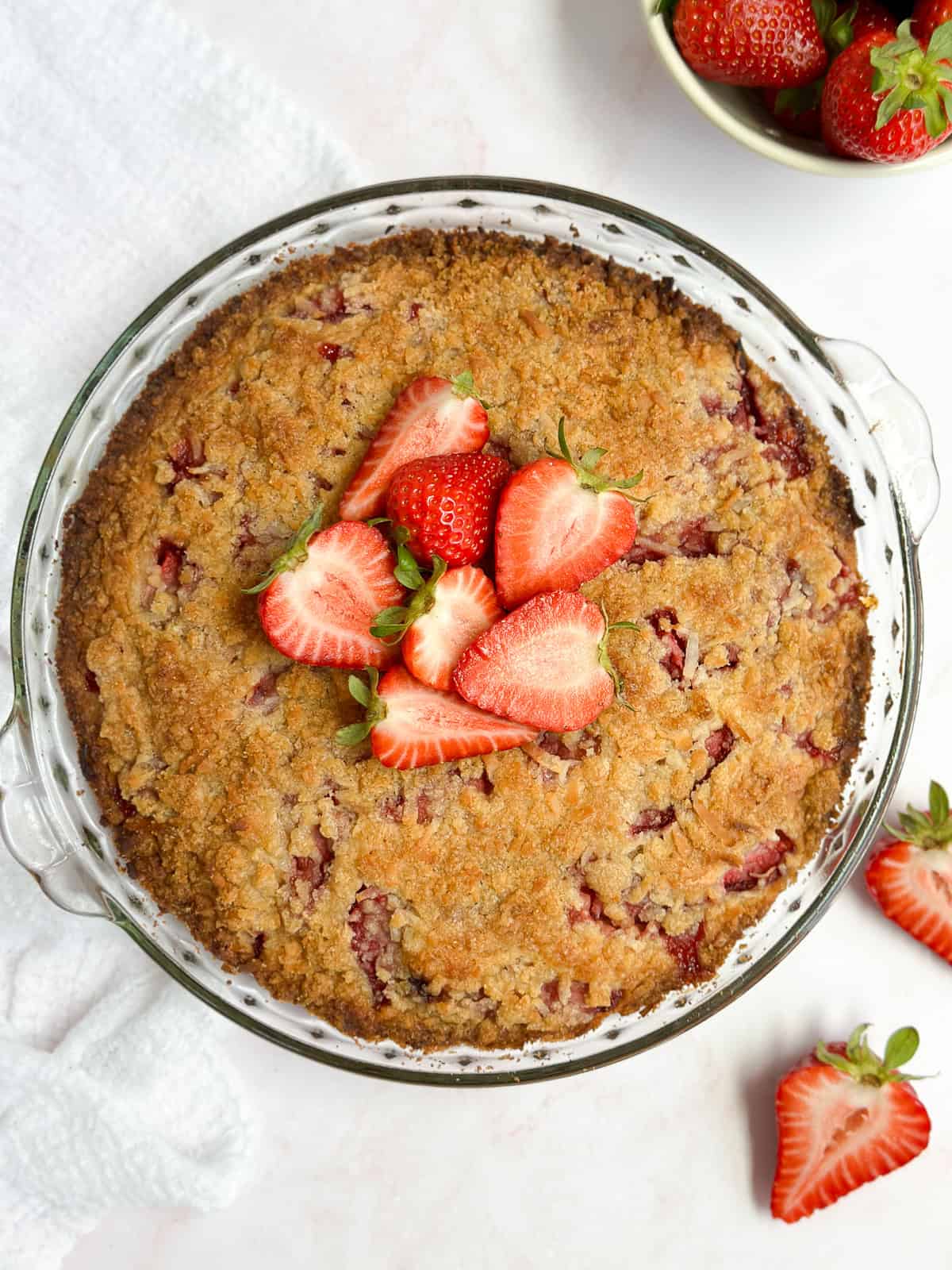 the coconut strawberry cake right after baking.