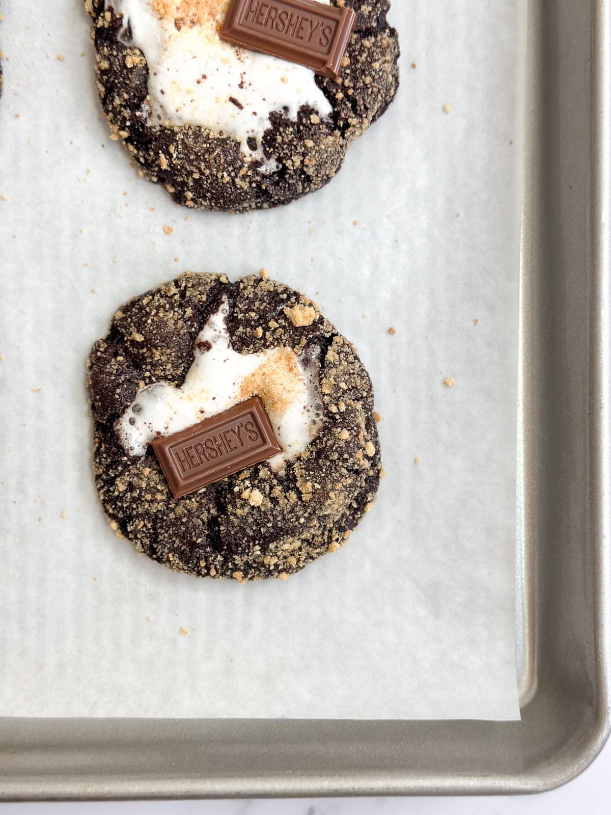 double chocolate s'more cookies right after baking.
