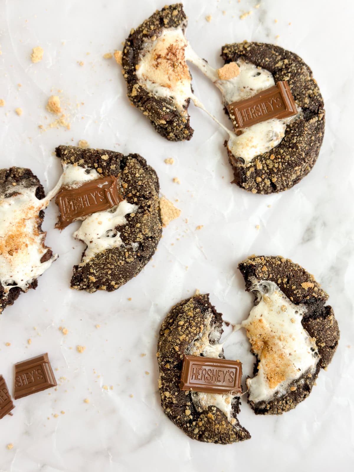 a few double chocolate s'more cookies broken into pieces.