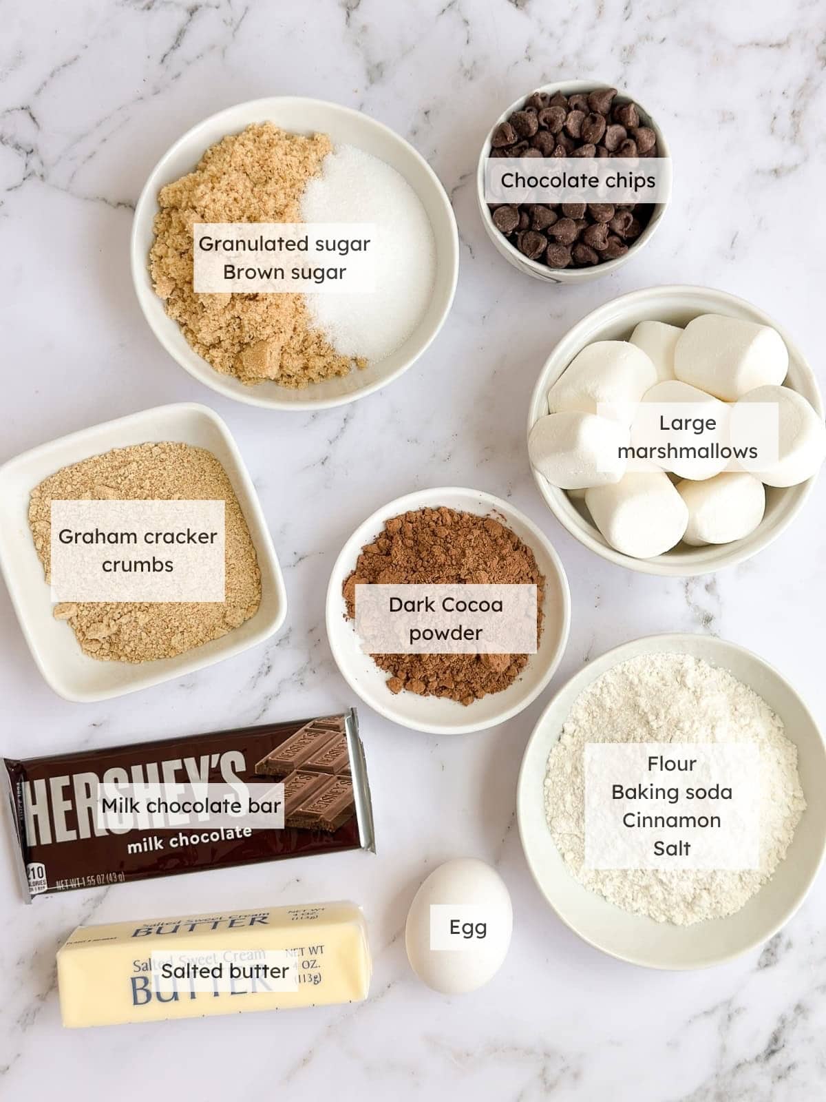 All the ingredients needed to make double chocolate more cookies.