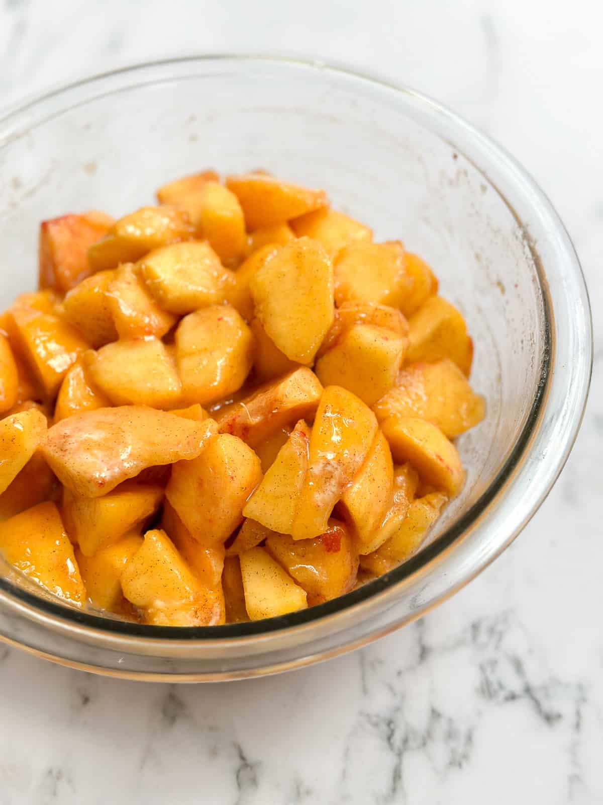 a closeup of the peaches.