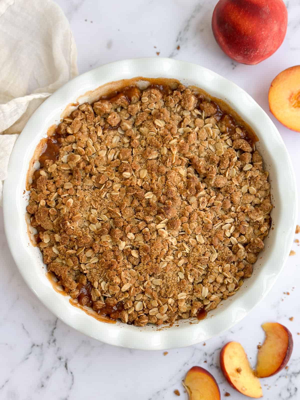 brown butter peach crisp after baking.