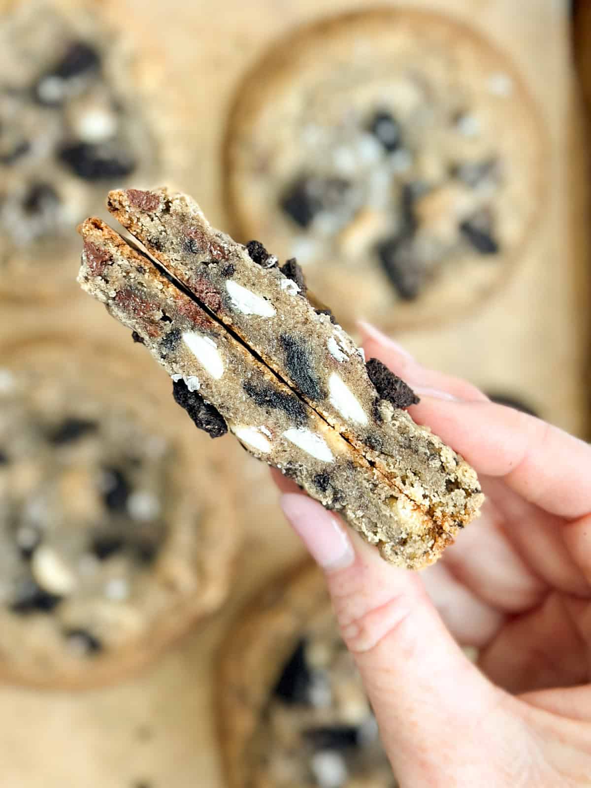 a hand holding up a cookie broken in half to see the inside texture.