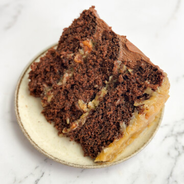 a slice of homemade german chocolate cake on a plate.