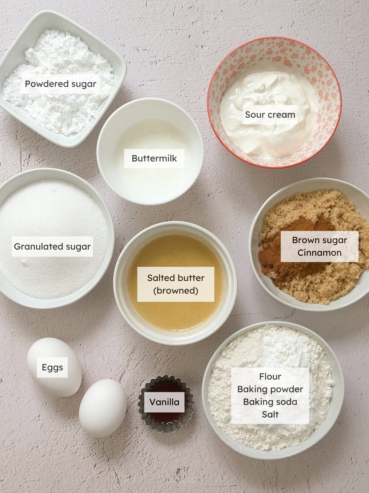 All of the ingredients needed to make cinnamon streusel muffins.