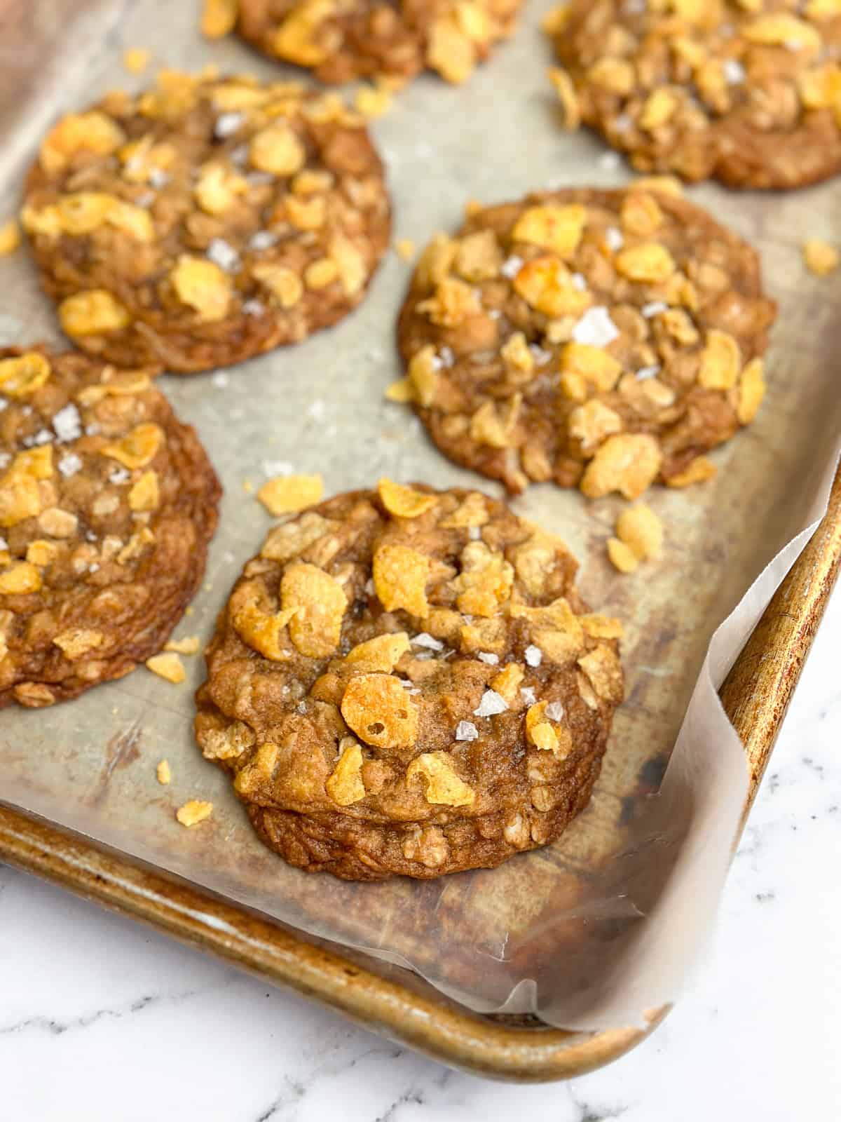 a side angle of a few salted oatmeal cornflake cookies.