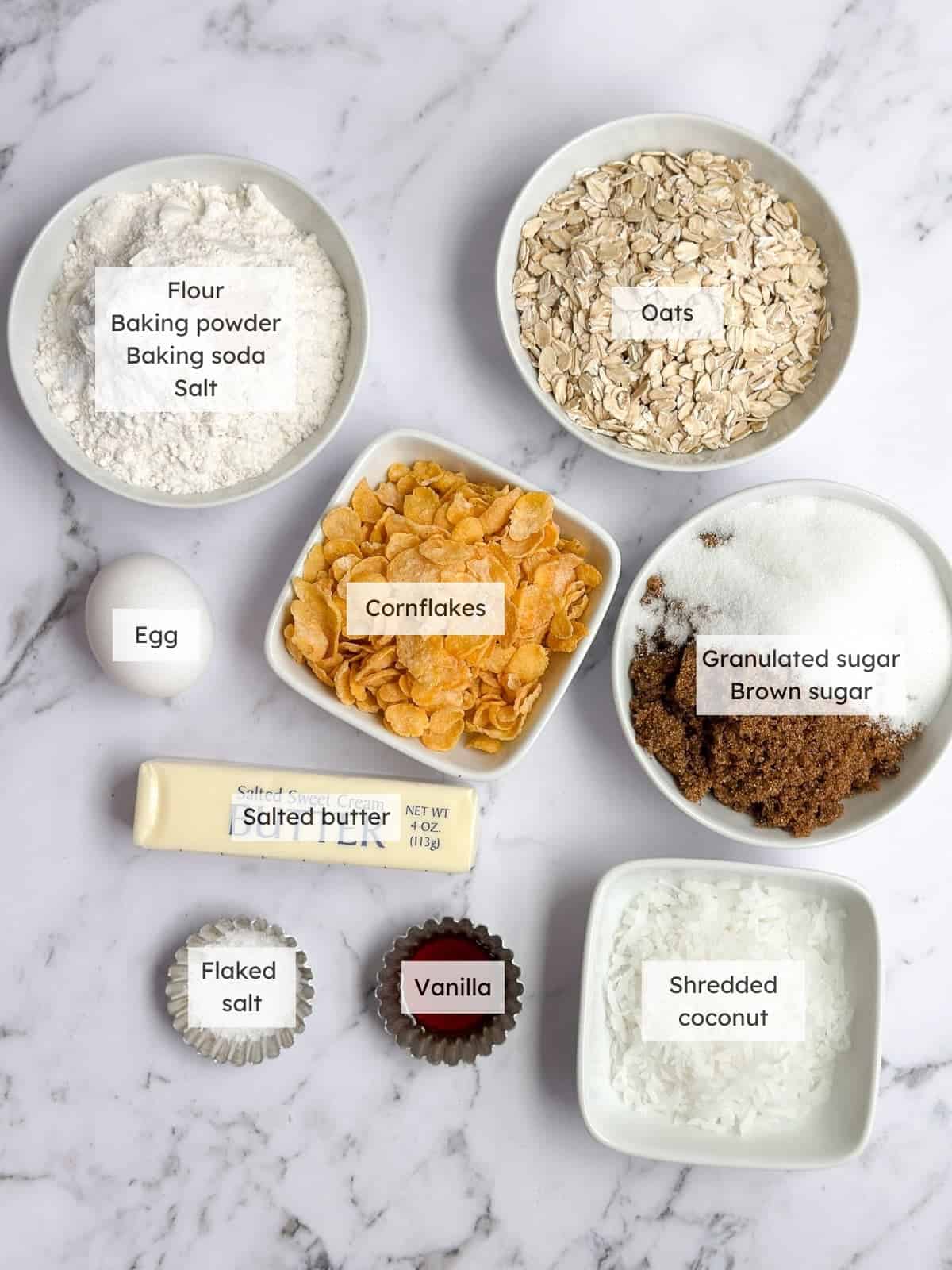 all of the ingredients needed to make cornflake cookies.