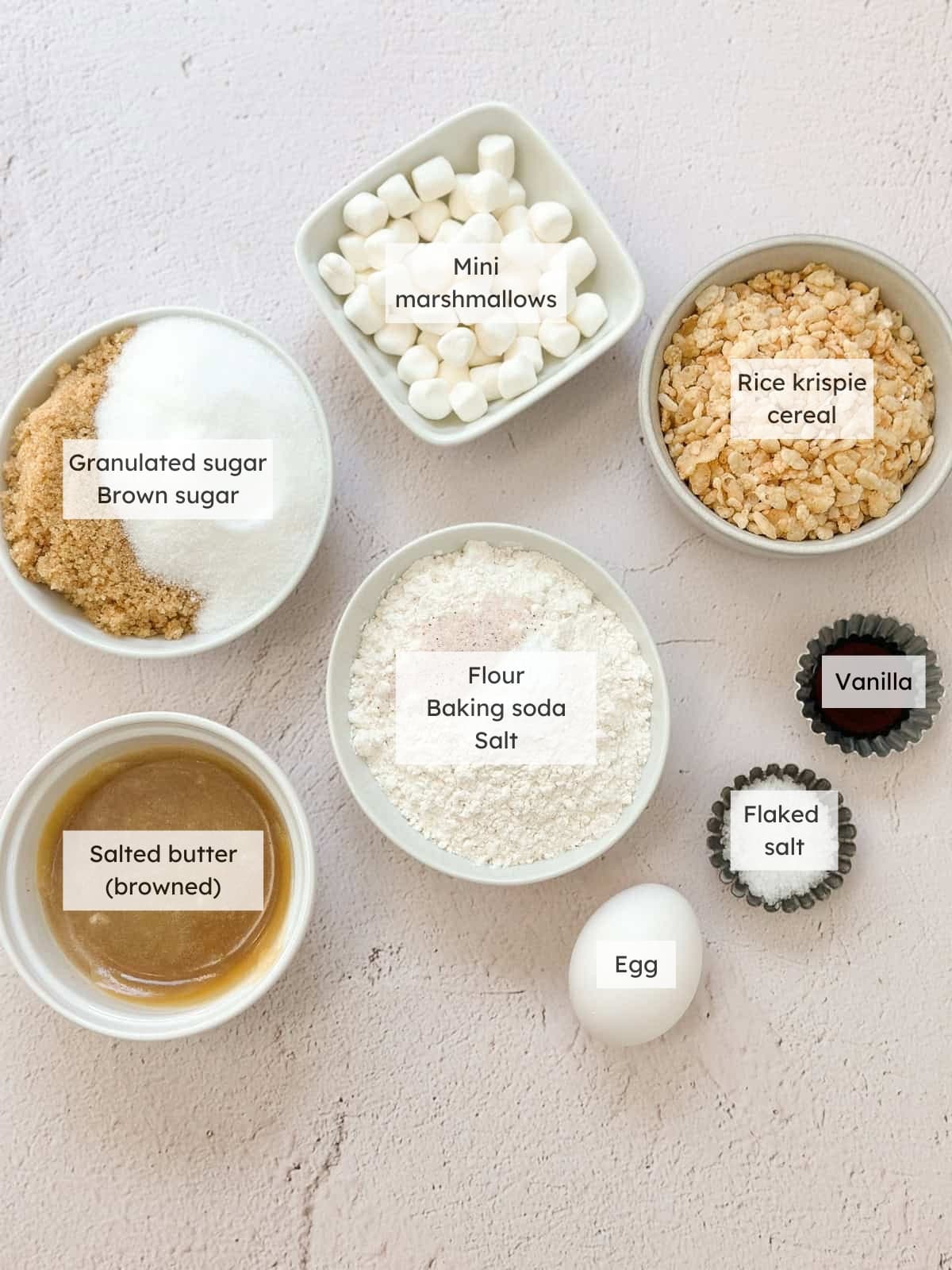 All of the ingredients needed to make marshmallow crispy cookies.