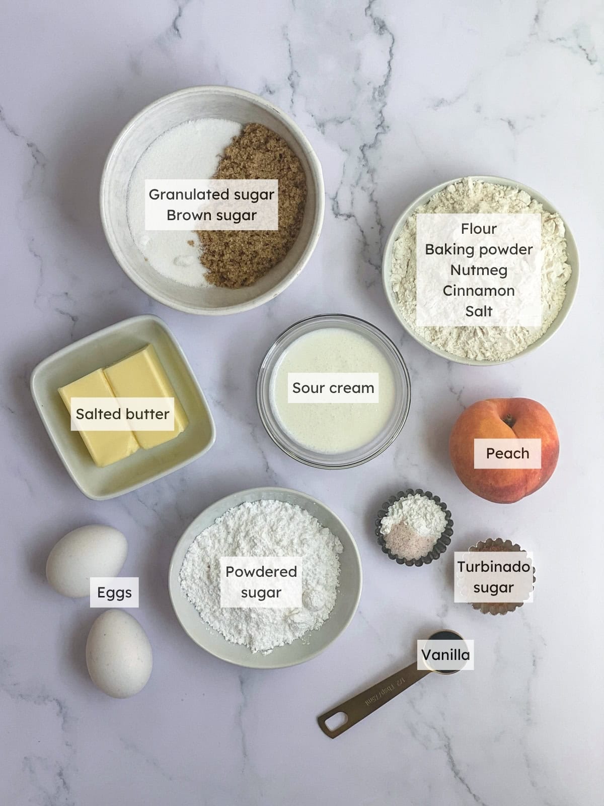 All of the ingredients needed to make peach cobbler pound cake.