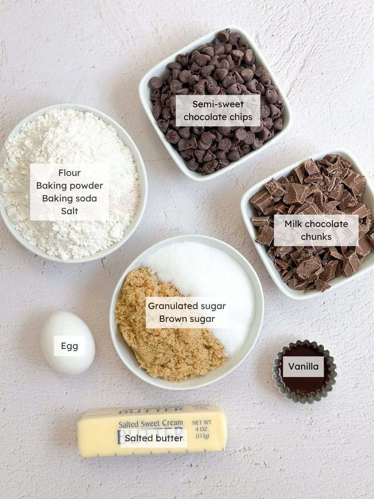 All of the ingredients needed to make mini chocolate chip cookie sundaes (pizookies).