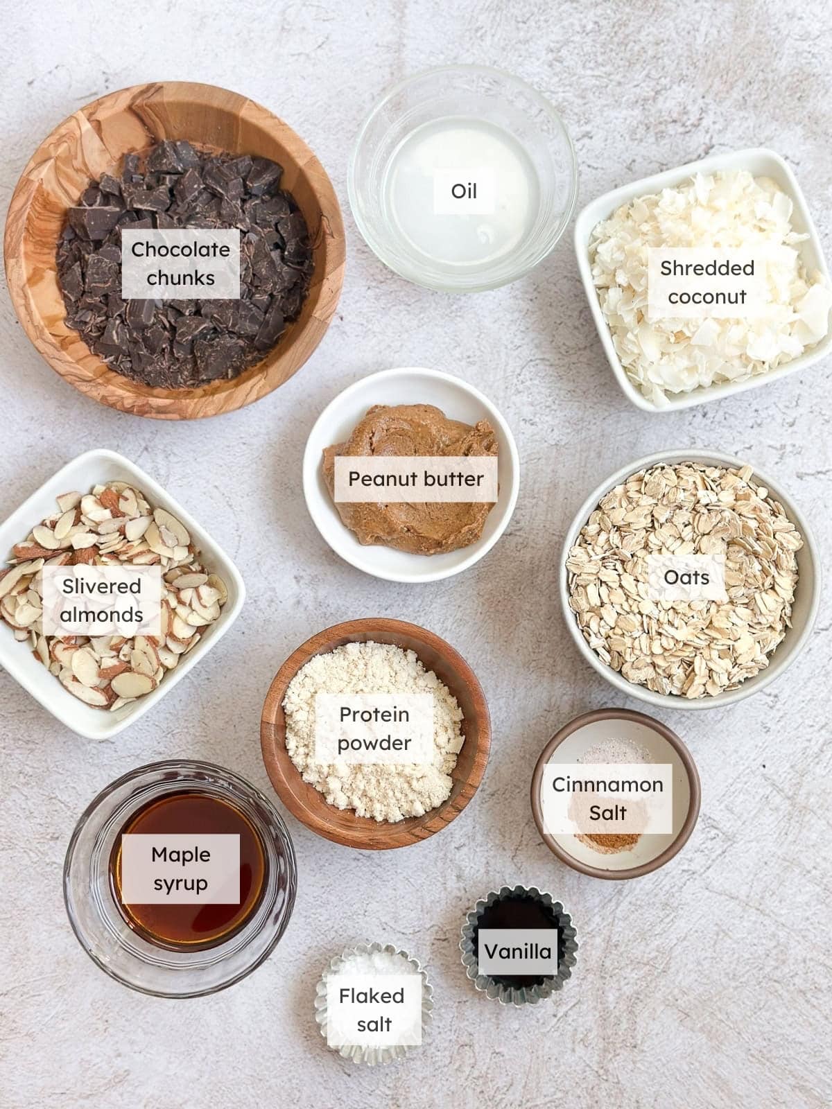All of the ingredients needed to make protein granola.