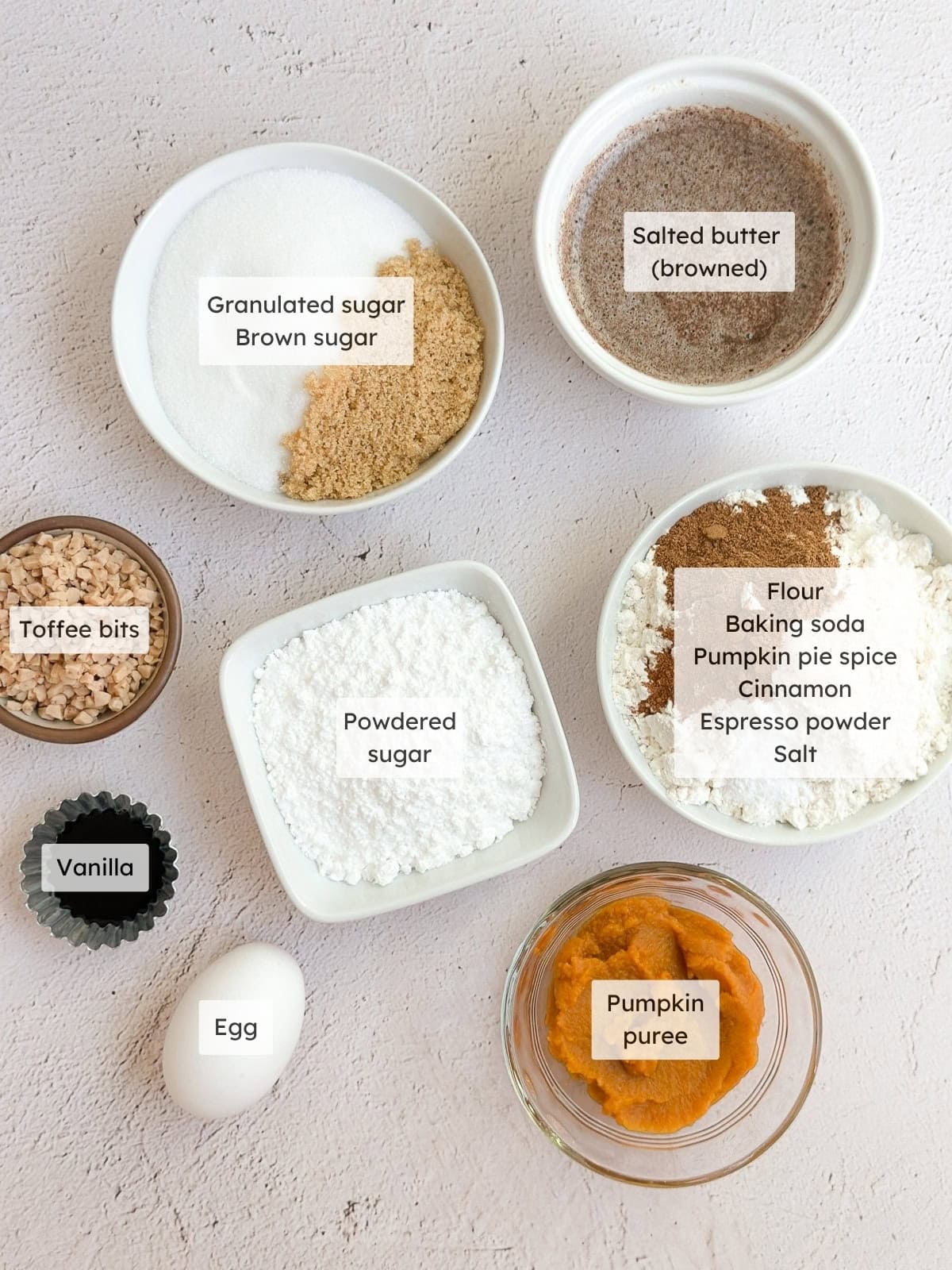All of the ingredients needed to make pumpkin spice latte cookies.