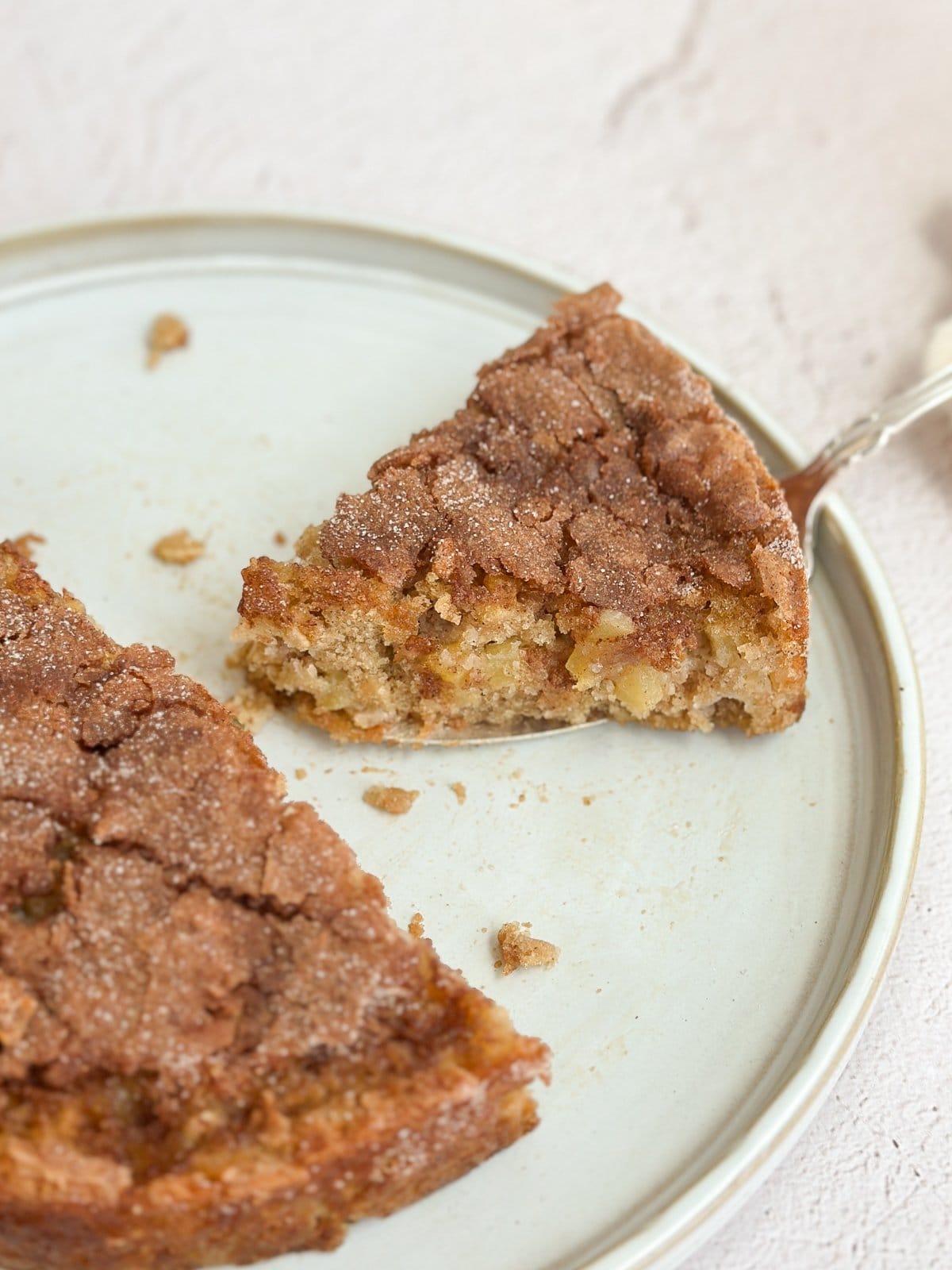 un morceau de gâteau aux pommes et flocons d'avoine coupé sur le plat à gâteau.