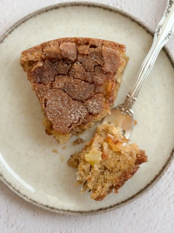 a single slice of this easy apple oatmeal cake on a plate with a bite on a fork.
