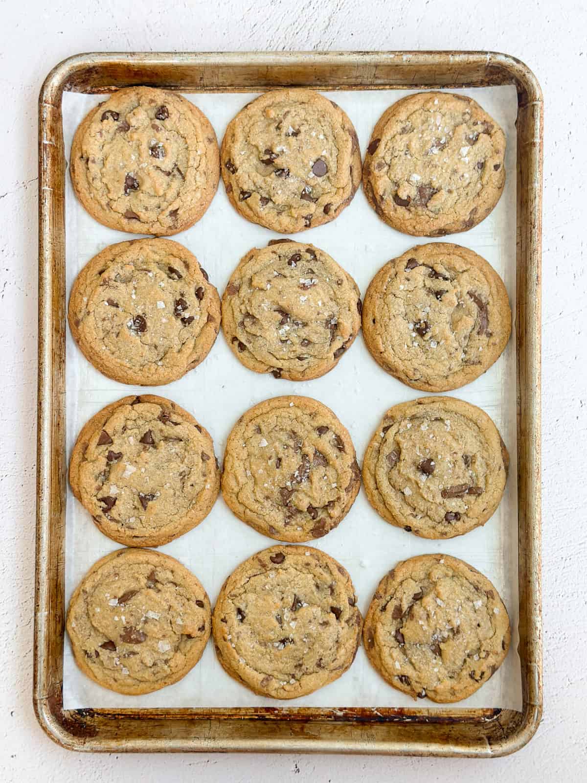 a full cookie sheet of brown butter chocolate chip cookies.