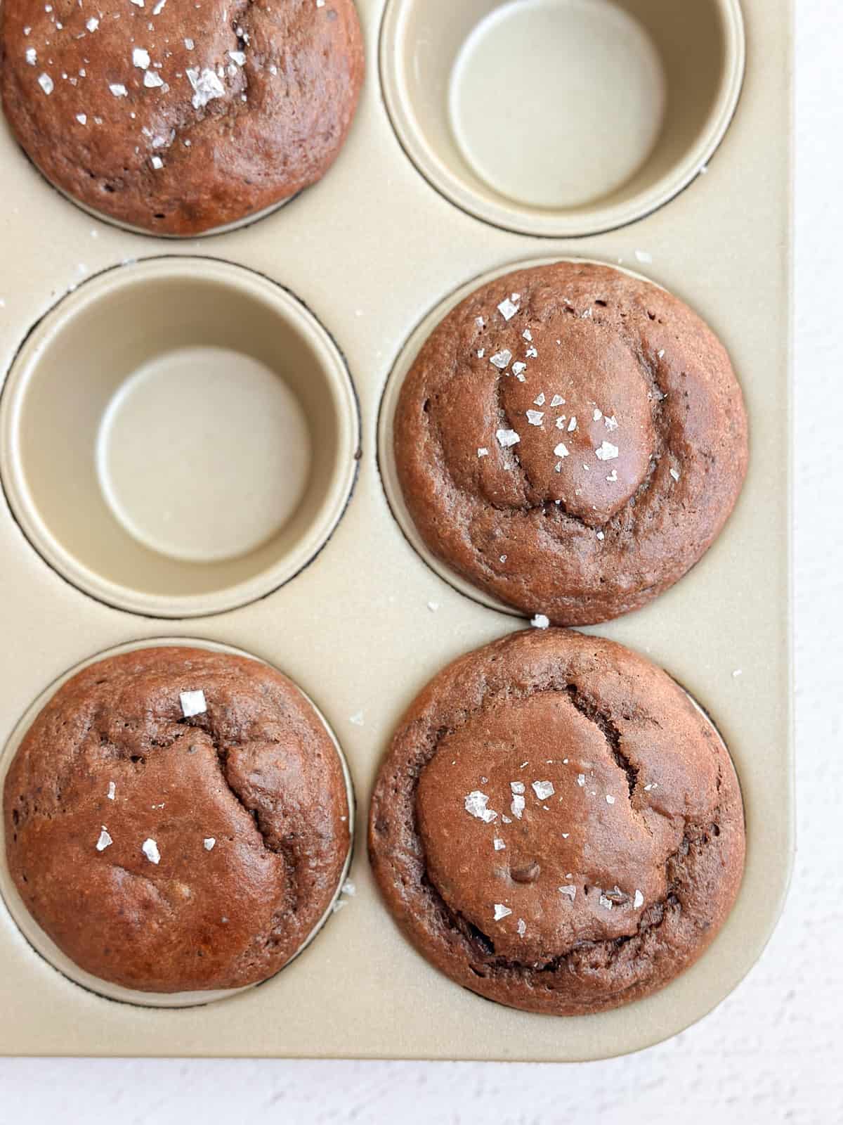 a close up of the chocolate protein muffins right after baking.